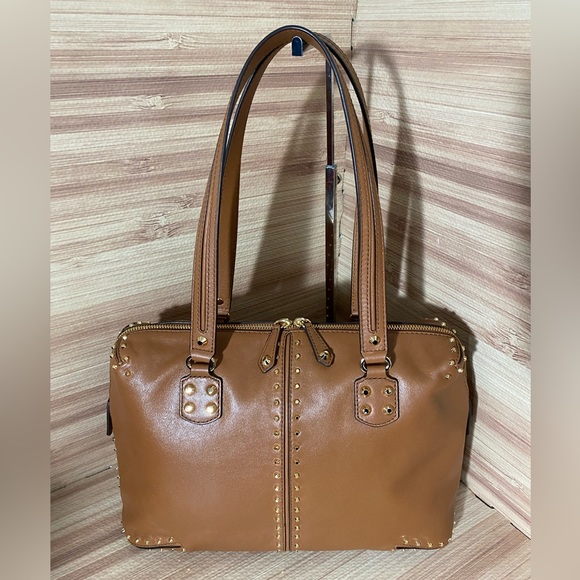 Michael Kors Uptown Satchel Tote Bag Brown Studded like new - Picture 10 of 15